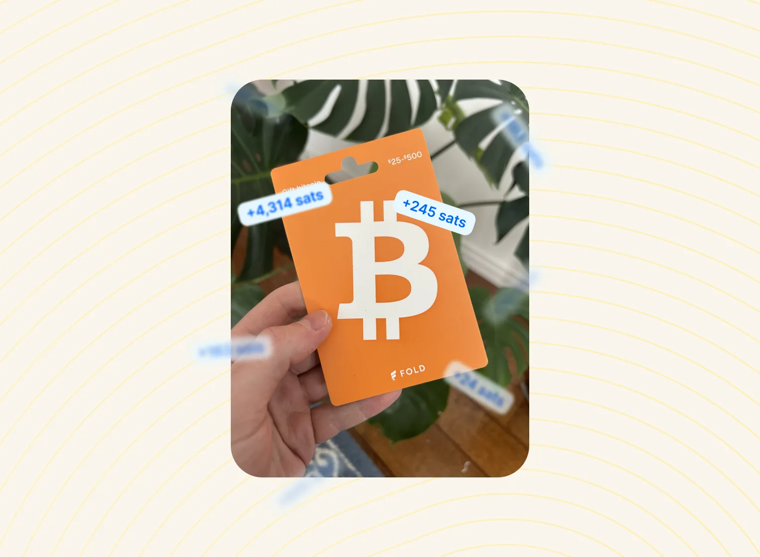 A physical Fold bitcoin gift card with a gift tag