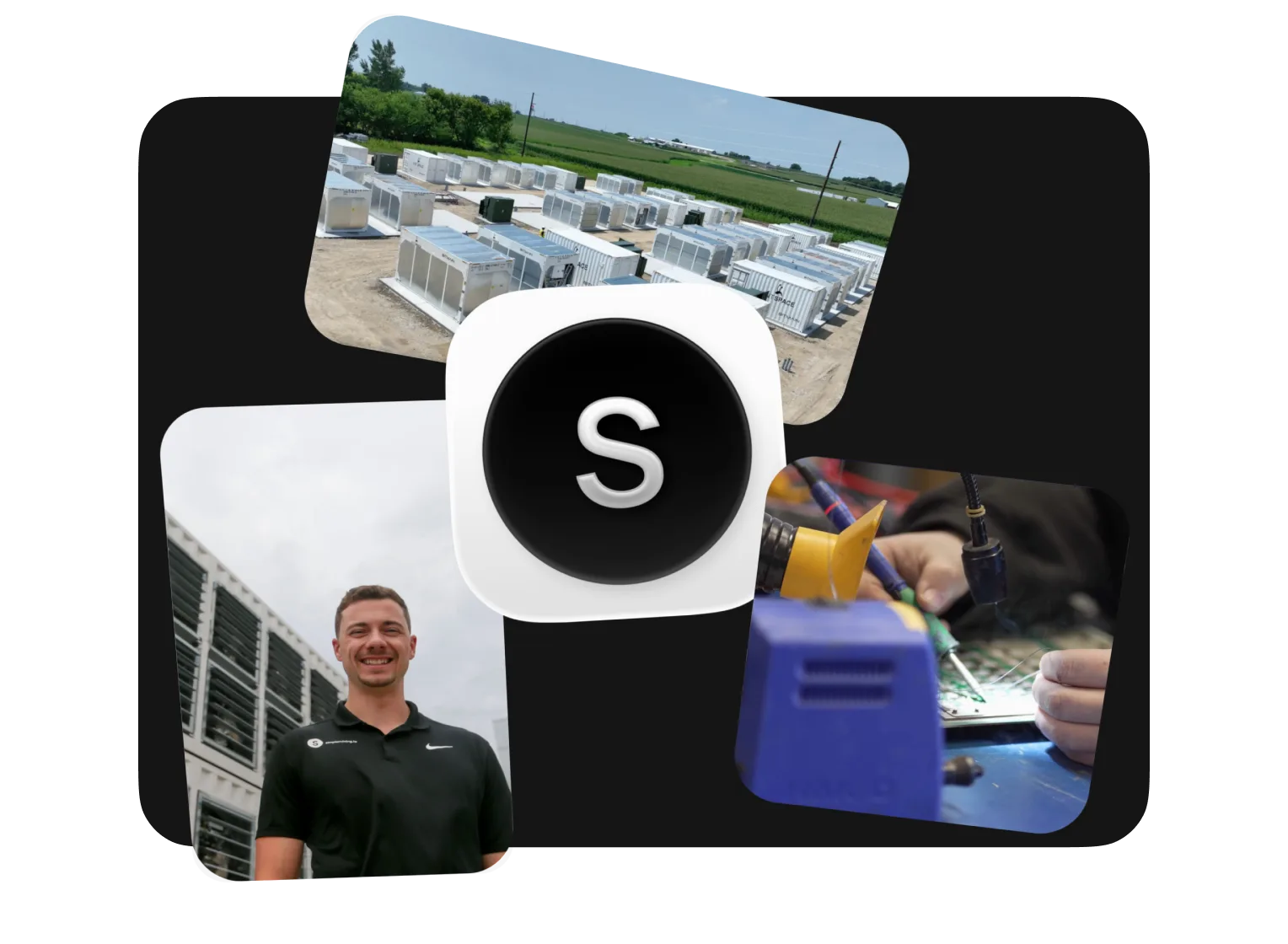 A Simple Mining employee, a mining site and mining hardware around the Simple Mining logo