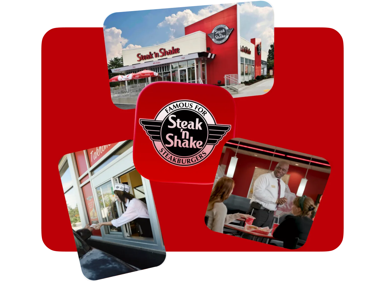 A Steak ’n Shake restaurant, its drive-through and dining room around the Steak ’n Shake logo