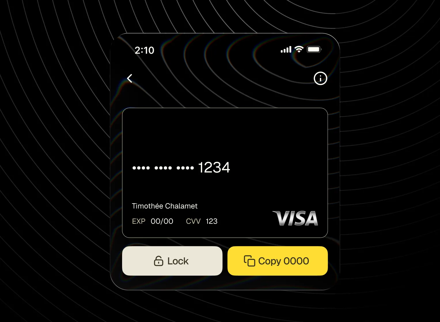 Fold credit card with lock and copy card number controls