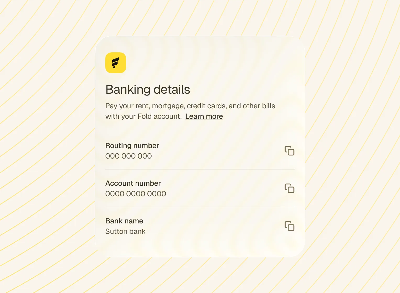 Fold cash account with routing number, account number, and bank name