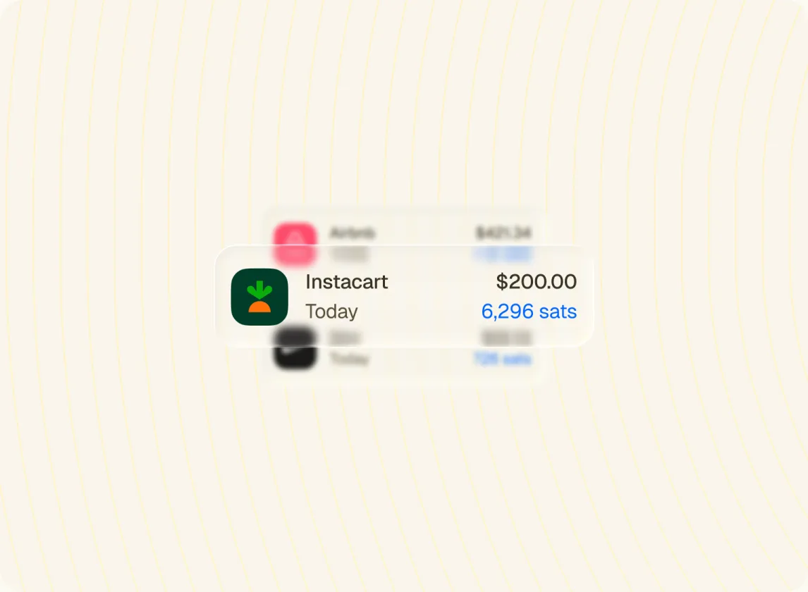 A $200.00 Instacart purchase earning 6,296 sats in the Fold app